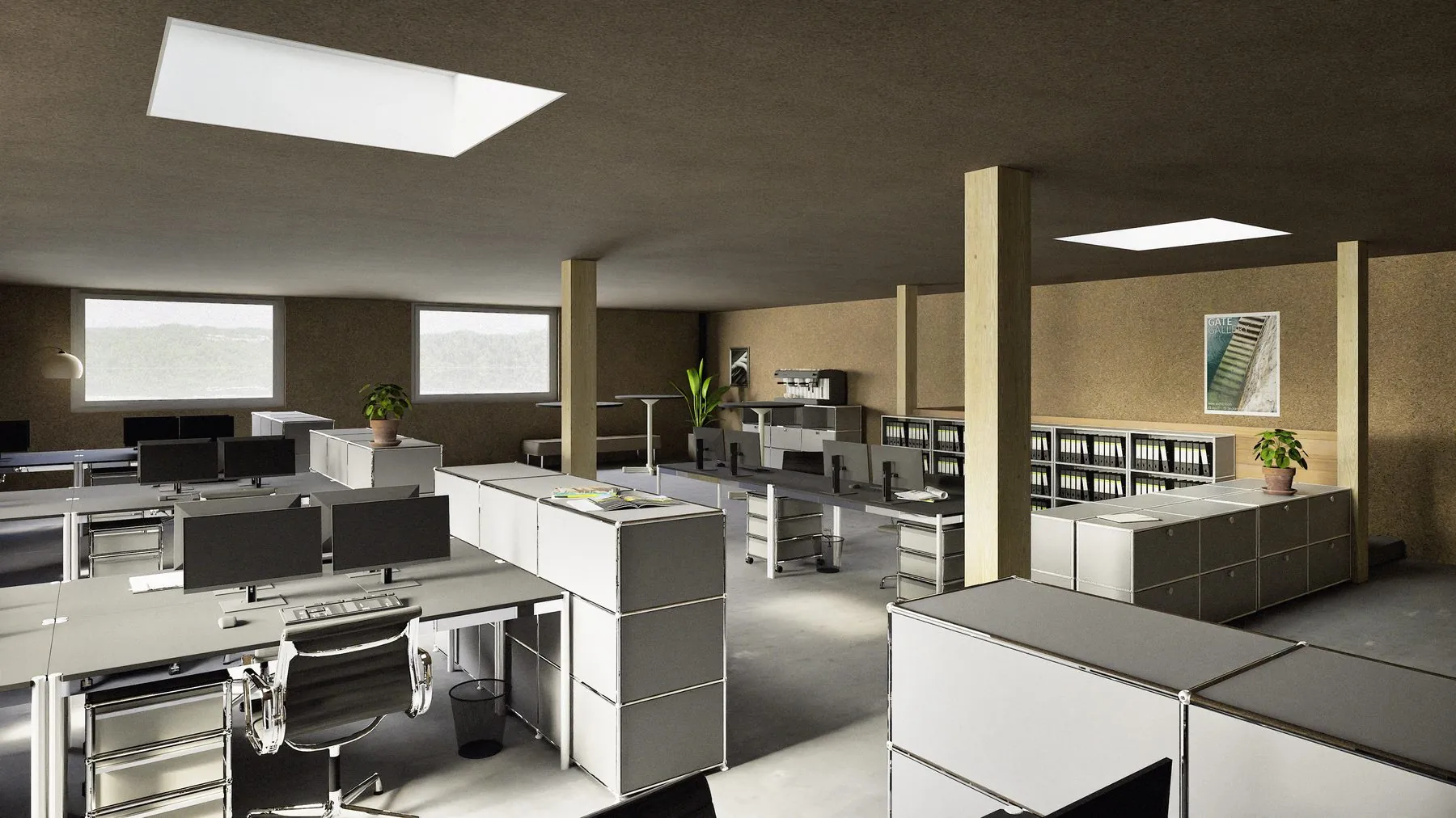 Visualisierung einer Büronutzung im Obergeschoss mit Oblichtern
